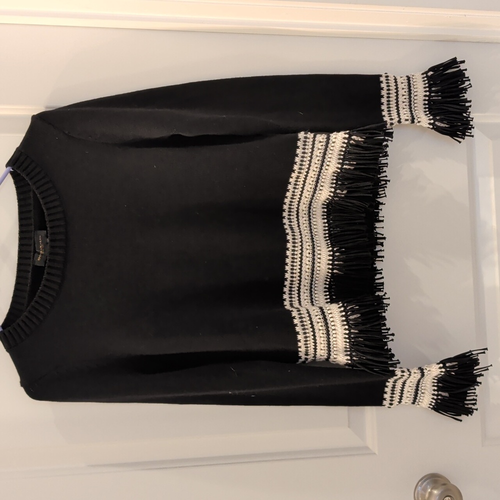 Donna Karan Black and White cptton Blend Crochet Fringed Sweater